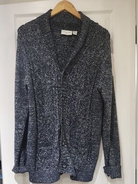 Cozy Shawl-Collar Cardigan Sweater - Navy/White Marled